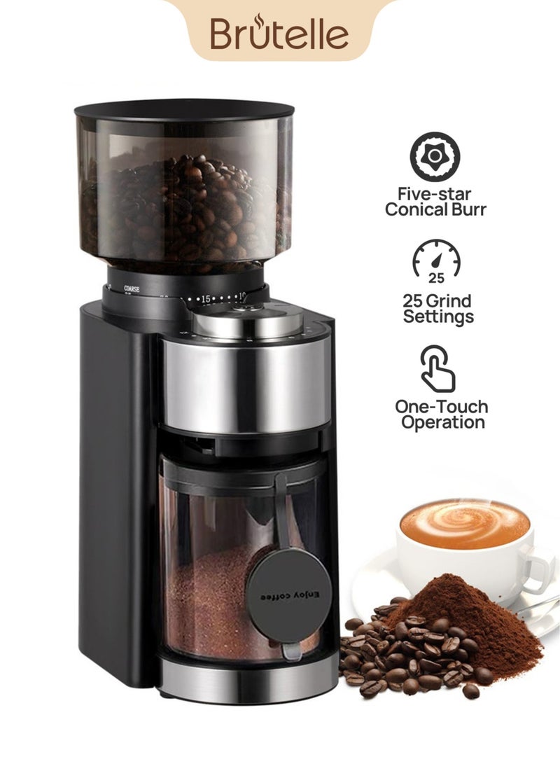 بريتيل مطحنة قهوة كهربائية V60 بشفرات مخروطية لطحن حبوب القهوة، قابلة للتعديل مع 25 درجة طحن دقيقة، بتصميم مضاد للكهرباء الساكنة، مناسبة لقهوة V60 والإسبريسو والموكا والقهوة المقطرة والتحضير اليدوي والفرنش برس والكولد برو، مع إعداد كمي من 2 إلى 12 كوب، لون أسود - Image 1